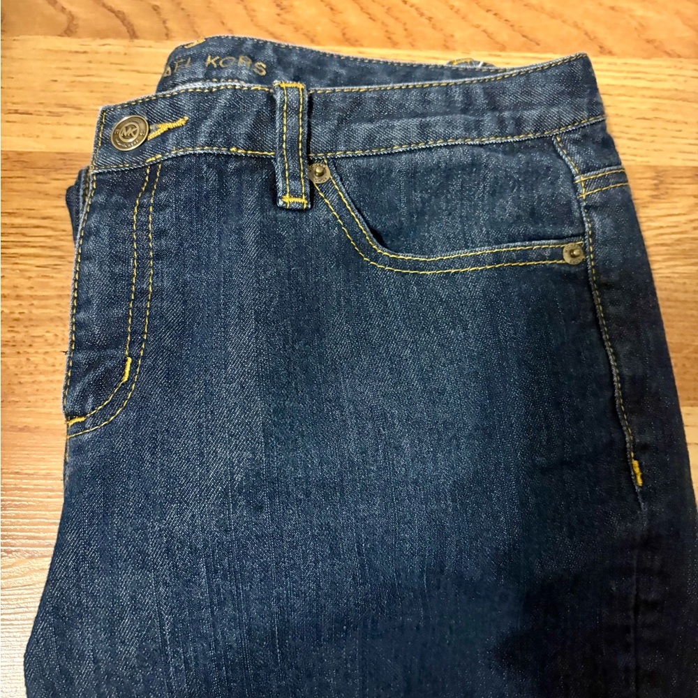 Michael Kors women’s Indigo Boot- leg Jeans with Yellow Stitching
